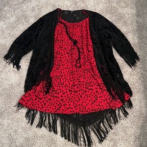 Super fun Jodifl red spaghetti strap dress with black spotted print.